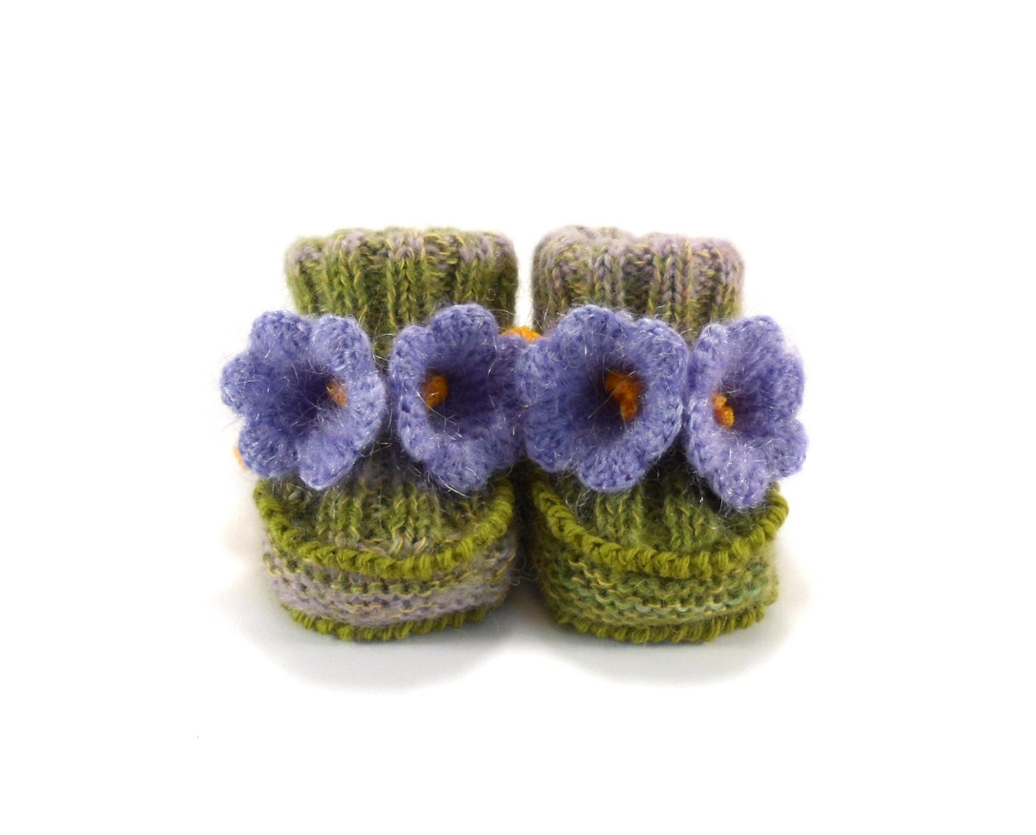 Hand Knitted Baby Booties with Crochet Bell Flowers,  0 - 6 months