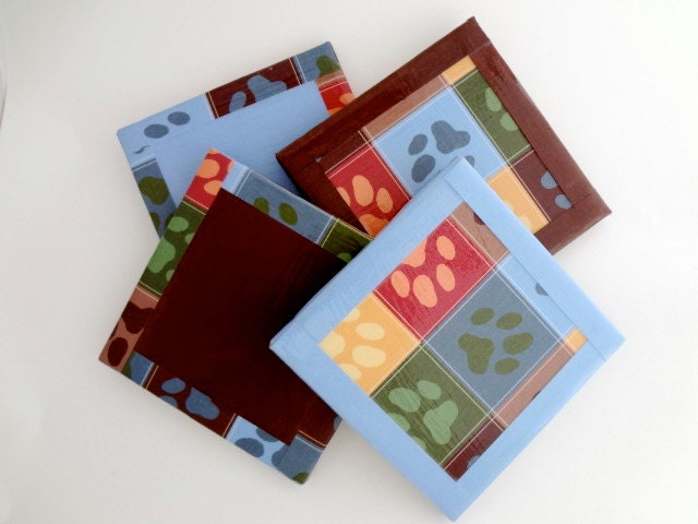 Brown and Blue Patchwork Pawprints Ceramic Tile Coasters