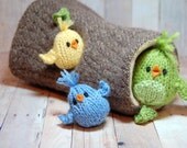 Waldorf Toy - Knit Birds in Hollow Log Soft Toy Modern Woodland Nursery Decor Imaginative Natural Fiber Set in Blue Green Yellow Brown