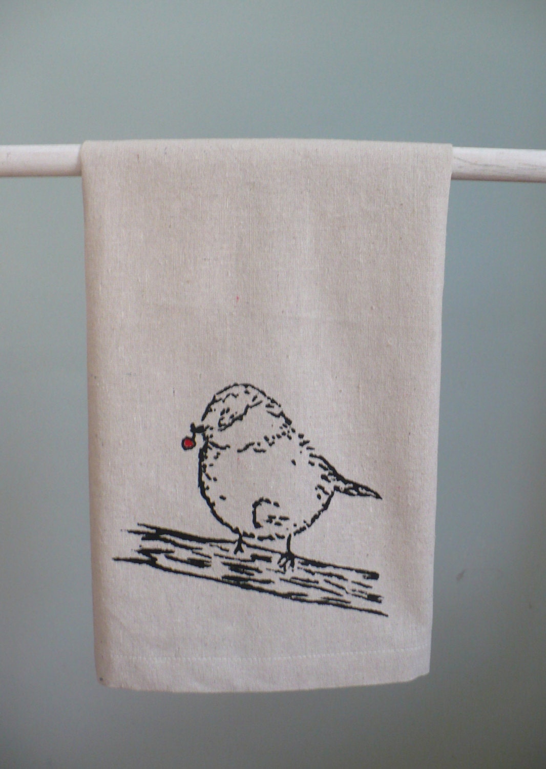 Osnaburg tea towel with hand printed bird