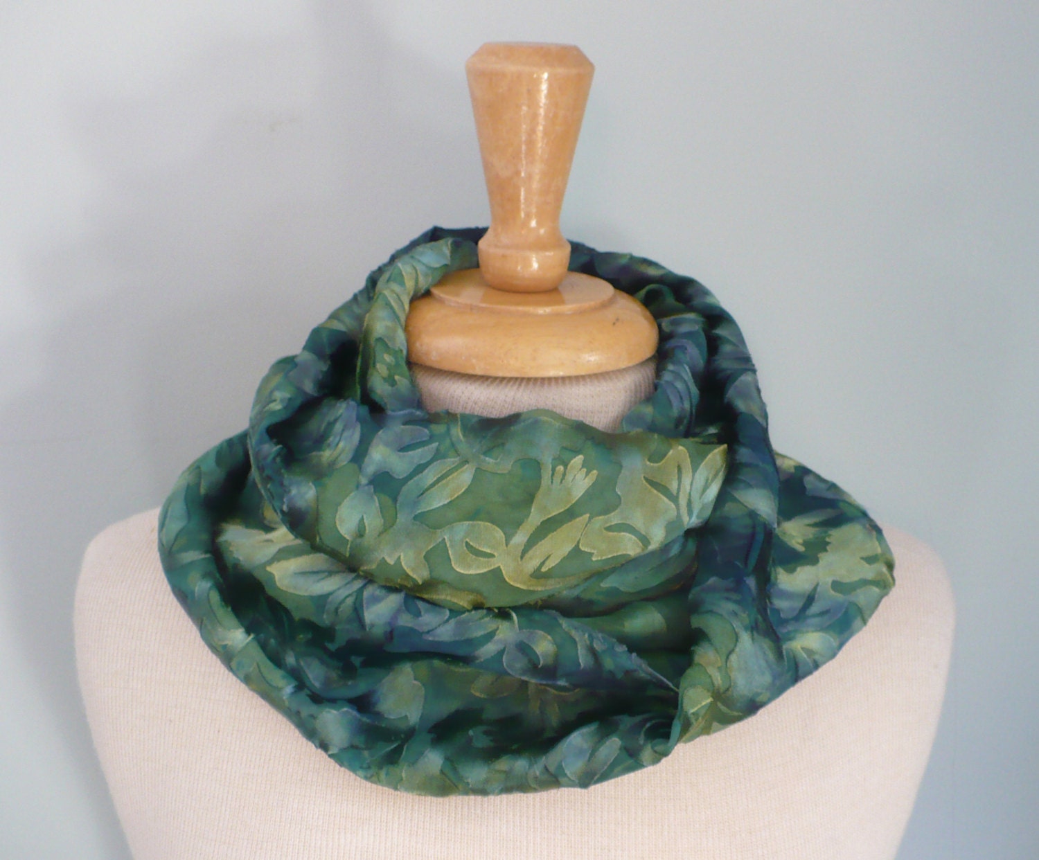 Infinity scarf hand dyed green silk devore burnout