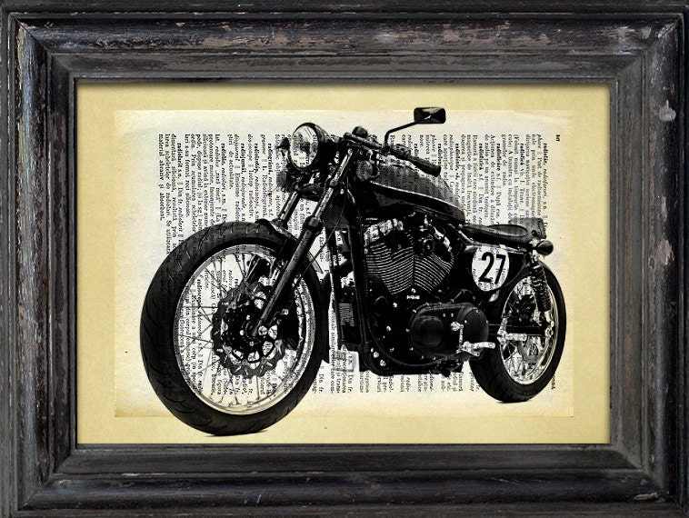 Harley Davidson bike Collage Art Print on old Dictionary Page and mate
