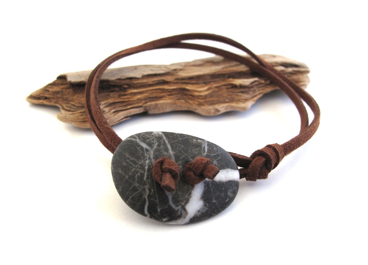 Beach Pebble Surfers Jewelry : IT ROCKS STRIPED Hand Drilled Natural Beach Stone Wrap Bracelet Rock Brown Suede Cord Unisex Beach Jewelry