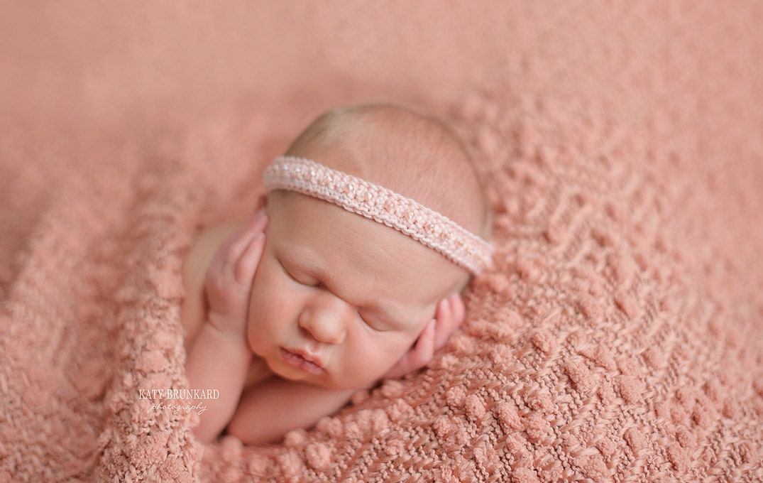 Newborn Headband, Tieback Halo, Peach with Peach beads, Photo Prop, Crocheted with Beads