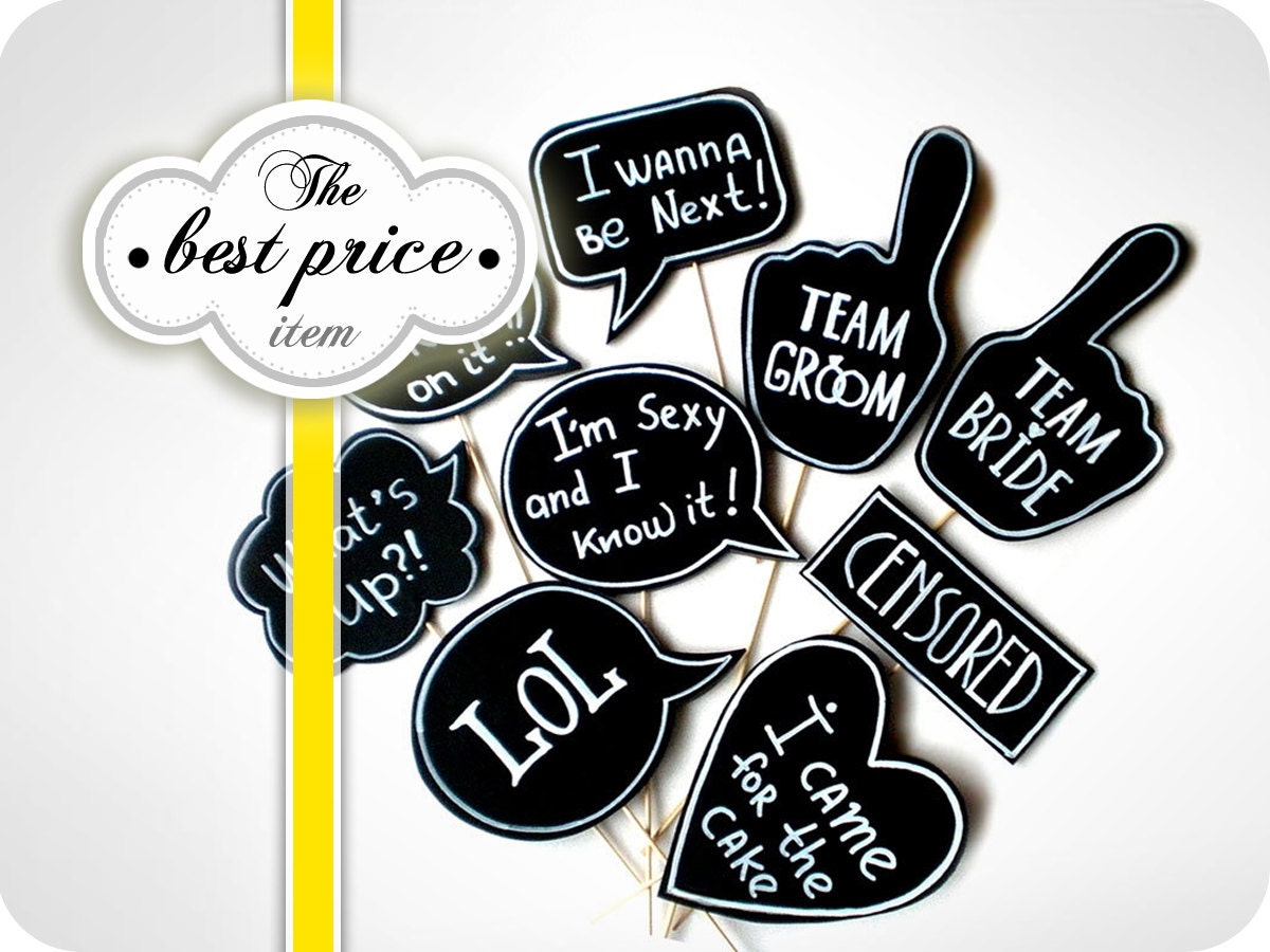 Photobooth Props - Wedding Signs with TEXT - Mix of small signs on sticks - Set of 9 photobooth signs