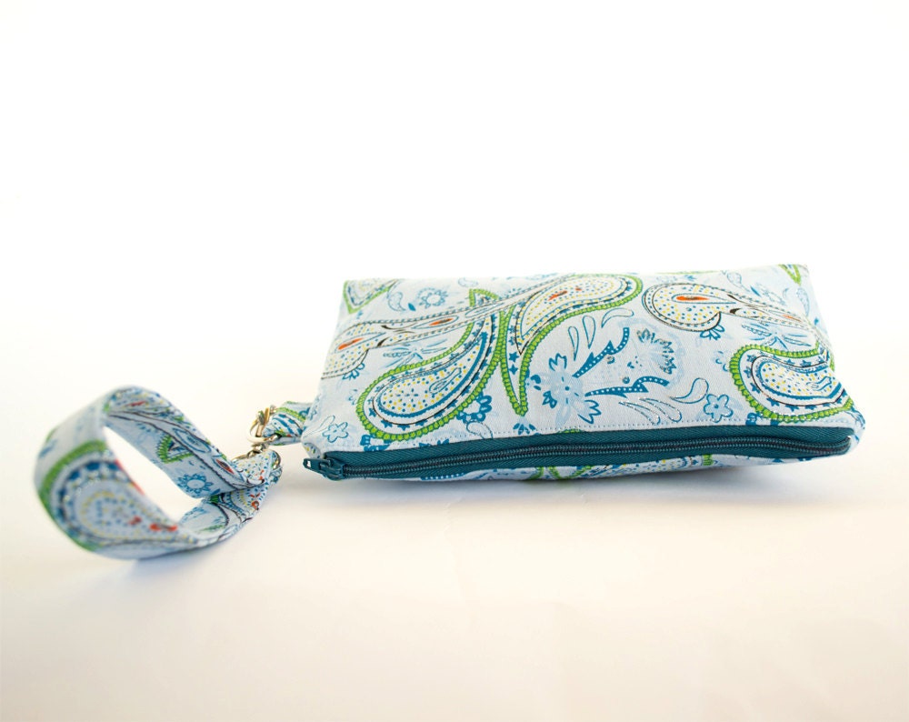 Pale Blue Paisley Zipper Pouch Clutch