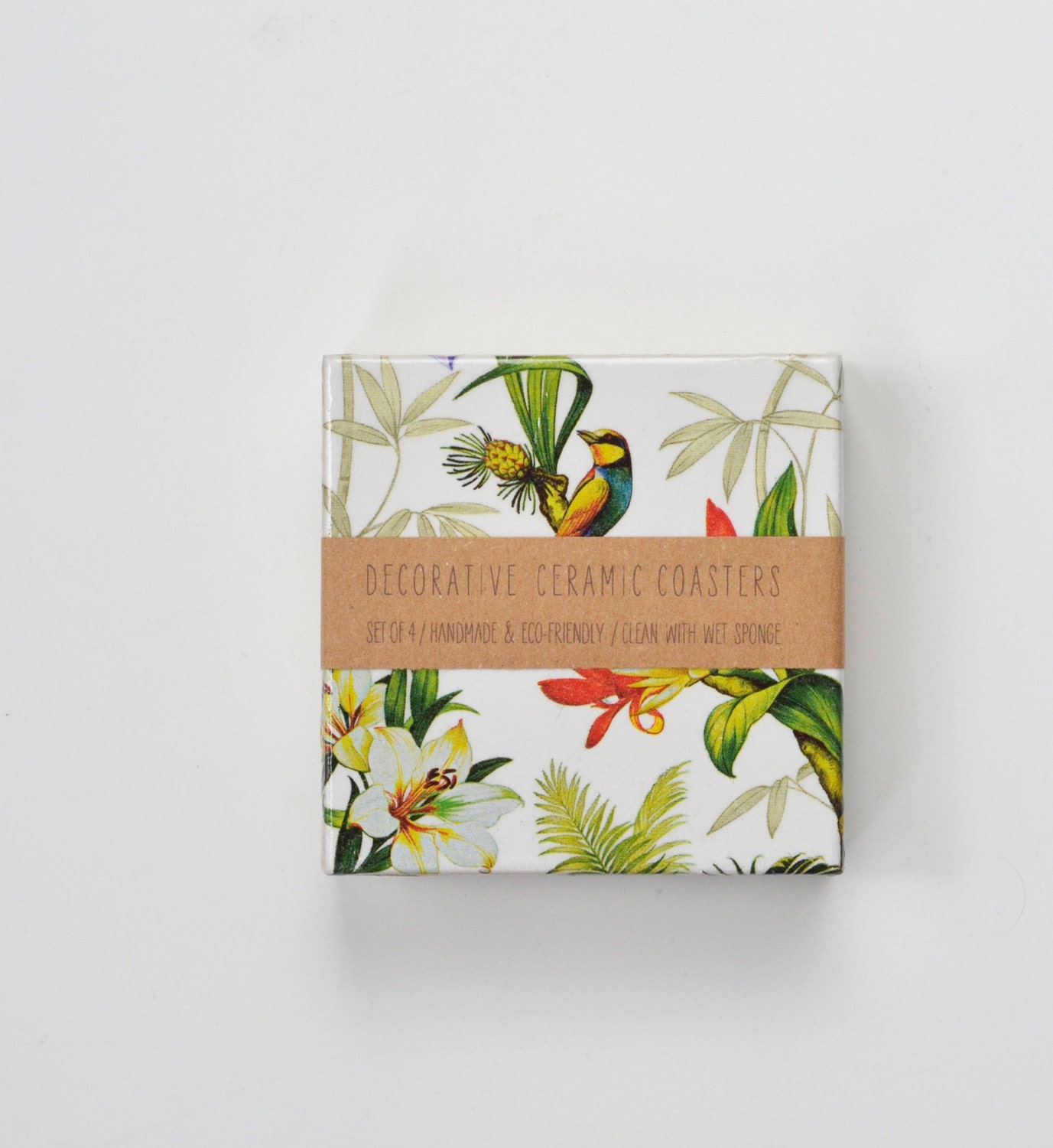 Coasters Tropical Garden Flowers and Birds Exotic Spring Summer, set of 4
