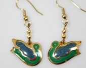 Vintage Gold Tone Metal / Blue And Green Enamel Dangling Earrings - BEREBI - BIRDS / Doves - estate sale find