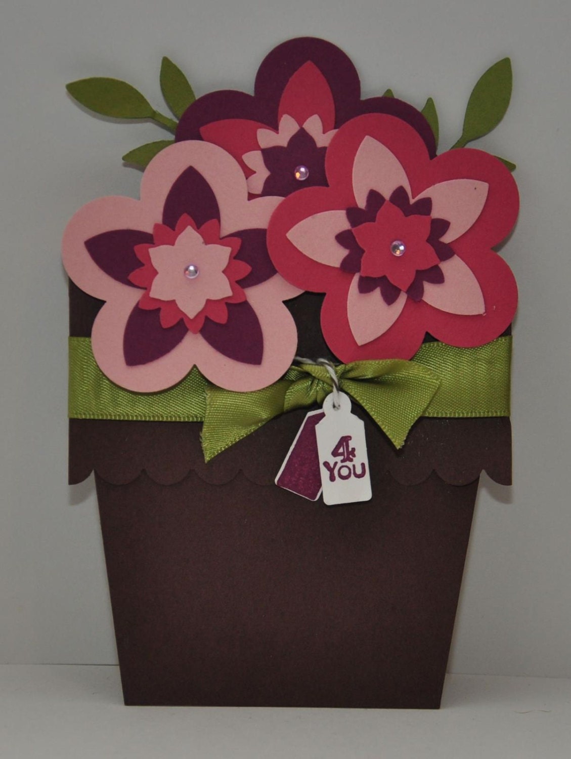 Flowerpot Greeting Card, Birthday, Get Well Soon, Thank You, Just Because, Pink, Purple, Flowers, For Her, Stamped, Handmade, Blank Inside