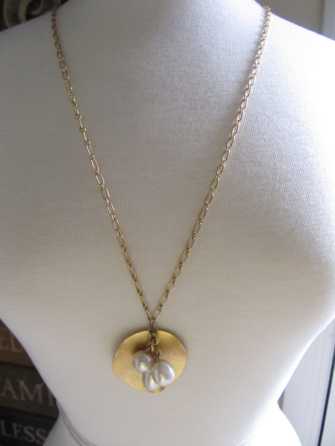 Necklace--Rd Gold Charm with Peal Drop Necklace. Handcrafted Jewelry by ConfettiStyleDesigns as featured in Country Living Magazine.