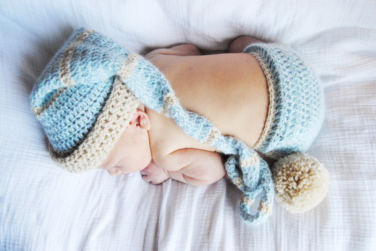 Blue Elf Baby Boy  Alpaca Newborn Photo Set Hat with Diaper Cover Stocking Cap Photo Prop