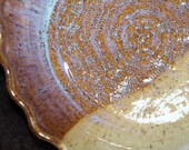 Handmade stoneware 9" pie plate with old lace and fluted edge in creamy white, sand brown and purple haze