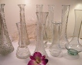 Set of 10 Assorted Vintage Ornate Clear Glass 6 to 9 Inch Bud Vases-Wedding Reception Tables-Centerpiece-Winter Wedding