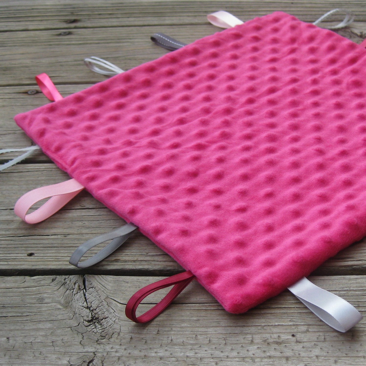 2 Identical Tag Blankets in Dark Raspberry Pink with Pink and Grey Ribbons, Ribbon Blanky, Sensory Blanket, Baby Blanket