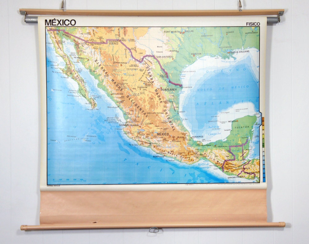 Vintage 1980's Pull Down Classroom Map - Map of Mexico