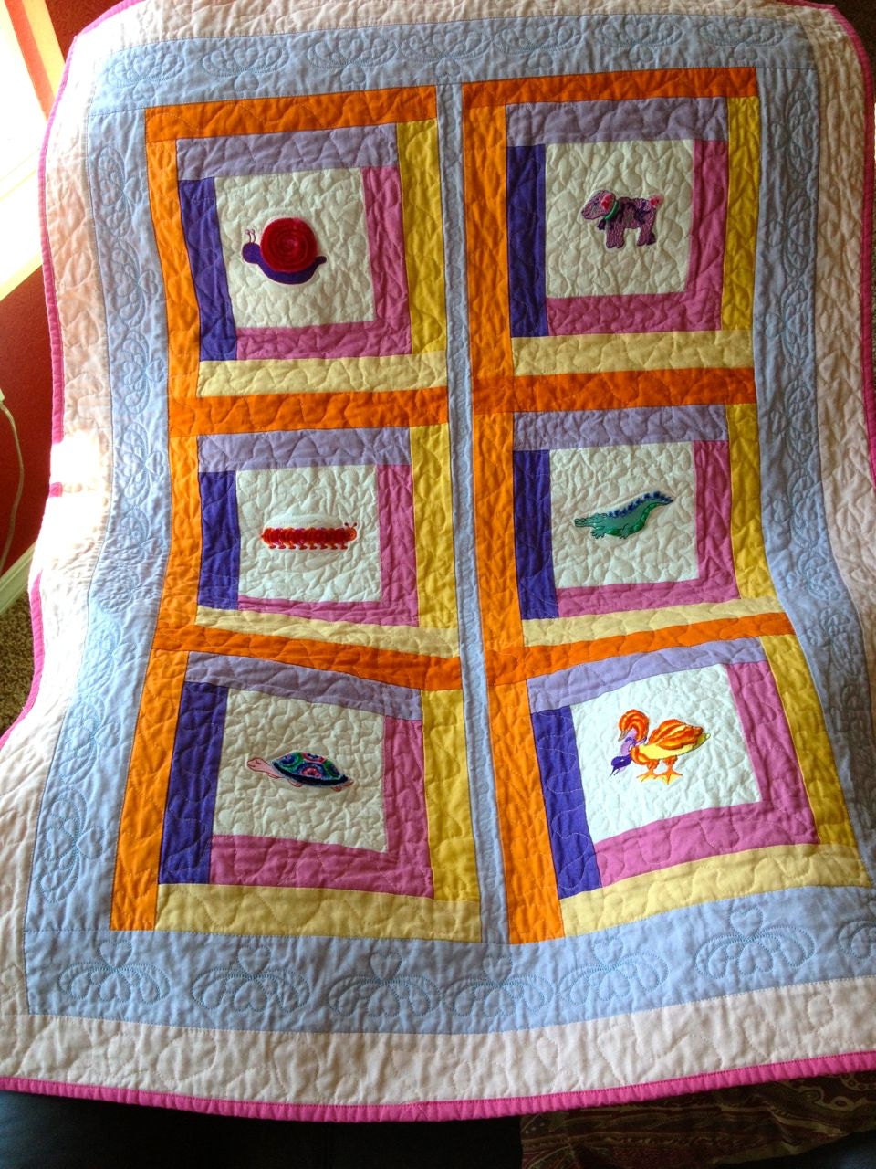One of a kind Baby Quilt with 6 velvety animals, soft and cuddly, in pink, blue, orange, yellow and purpleFREE SHIP