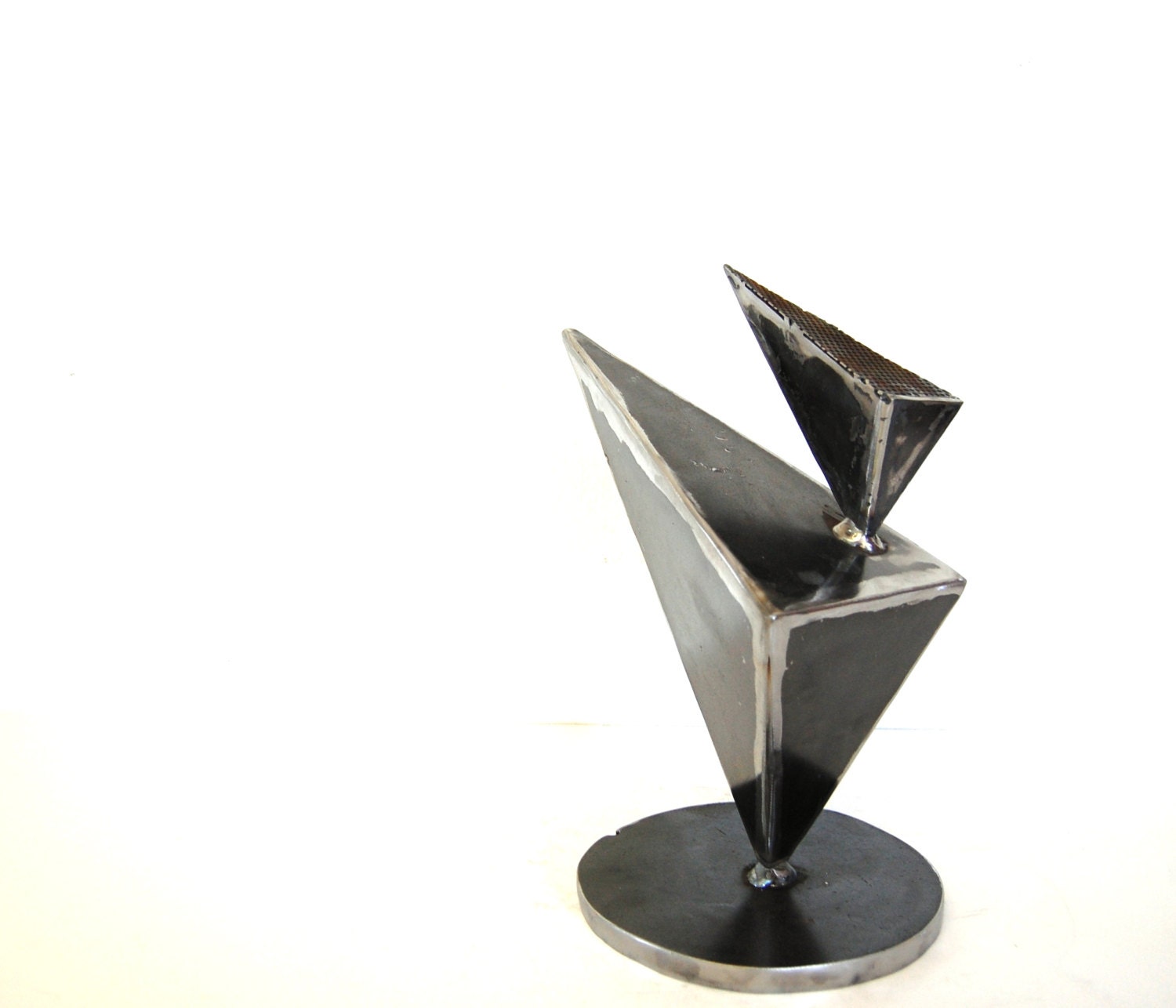 Steel Triangle Sculpture,GIft for Him, Tabletop Sculpture, Garden Art,  Minimalist Decor, Recycled Metal Art, 3-D Art, Industrial Art