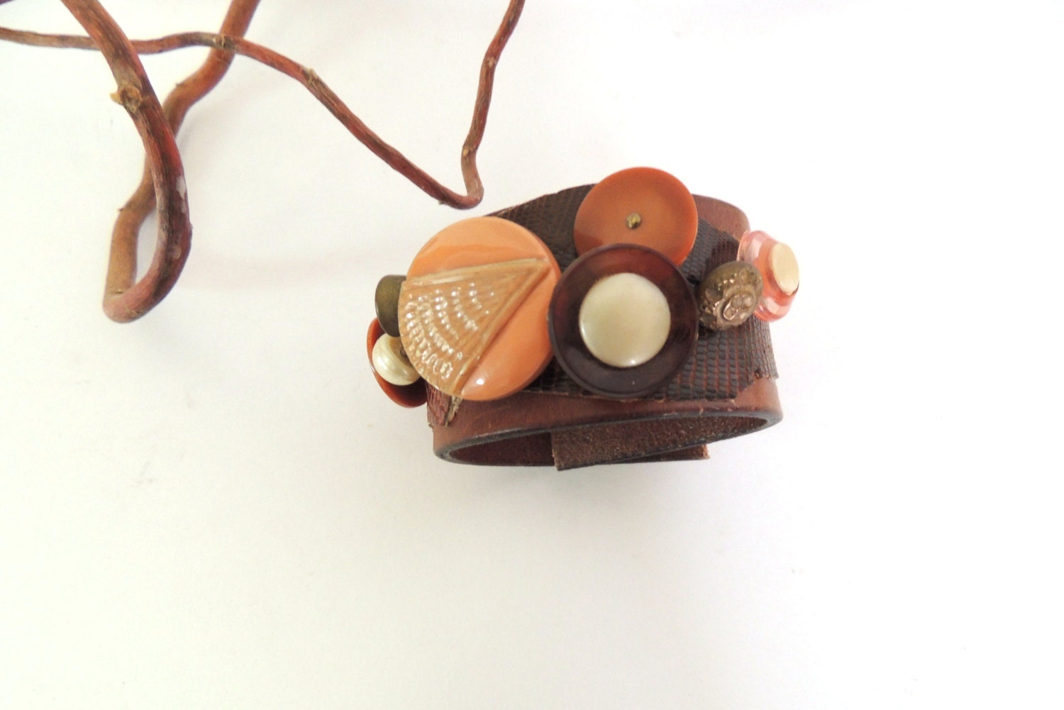 Vintage Button Bracelet, Vintage Shank Button, Upcycled Belt Bracelet, Snap Bracelet, Brown Leather Bracelet, Rust, Peach, Brass, Eco Chic