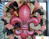 Red Fleur de lis Wreath with Chevron Burlap