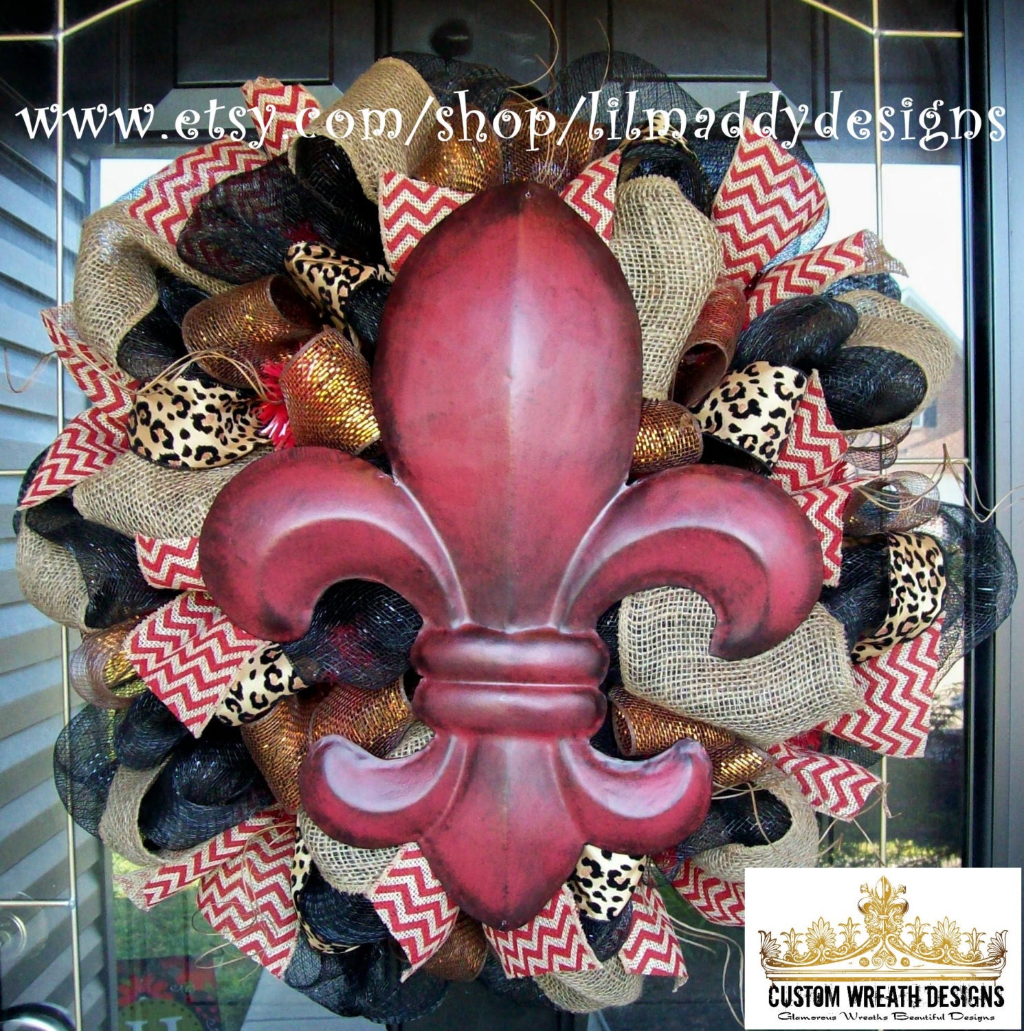 Red Fleur de lis Wreath with Chevron Burlap