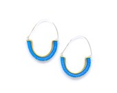 Temple Earrings in Capri Blue - Tribal-inspired modern hoop earrings with recycled African vinyl and raw brass