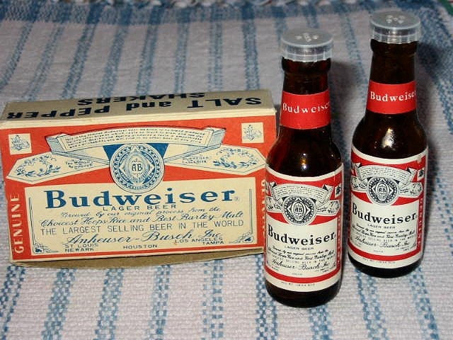 Vintage Budweiser Salt & Pepper Shakers - New in Box