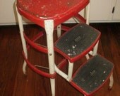 Vintage Cosco Stool Seat Bar Stool Folding Steps Red & White 50's Kitchen Retro