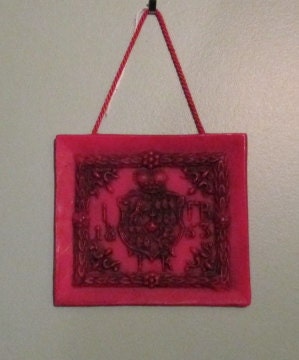 Vintage Red Wax Plaque / Wax Shield Art / Unique / Small With Ribbon To Hang