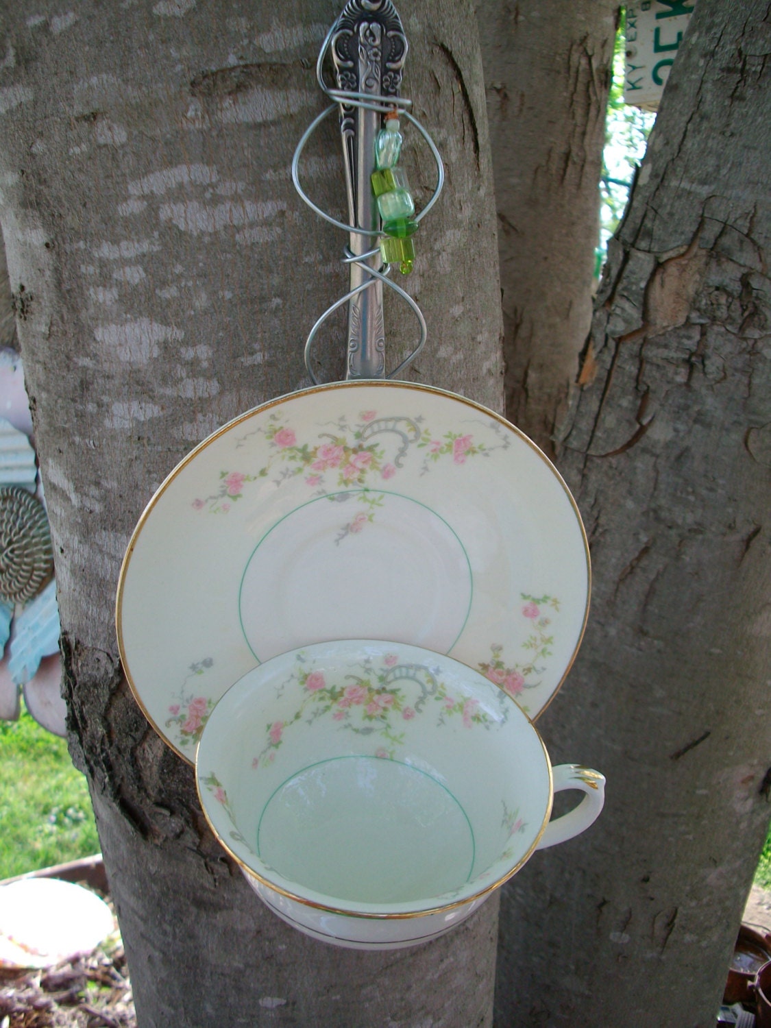 Bird Feeder Garden Art, Recycled China Teacup Cottage Garden Hanging Bird Feeder