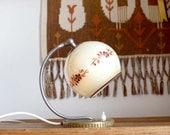 Vintage Lighting. Midcentury Art Deco Bedside Table Lamp with Painted Glass Lampshade, Aged Metal Base. Rustic Bohemian Home Decor