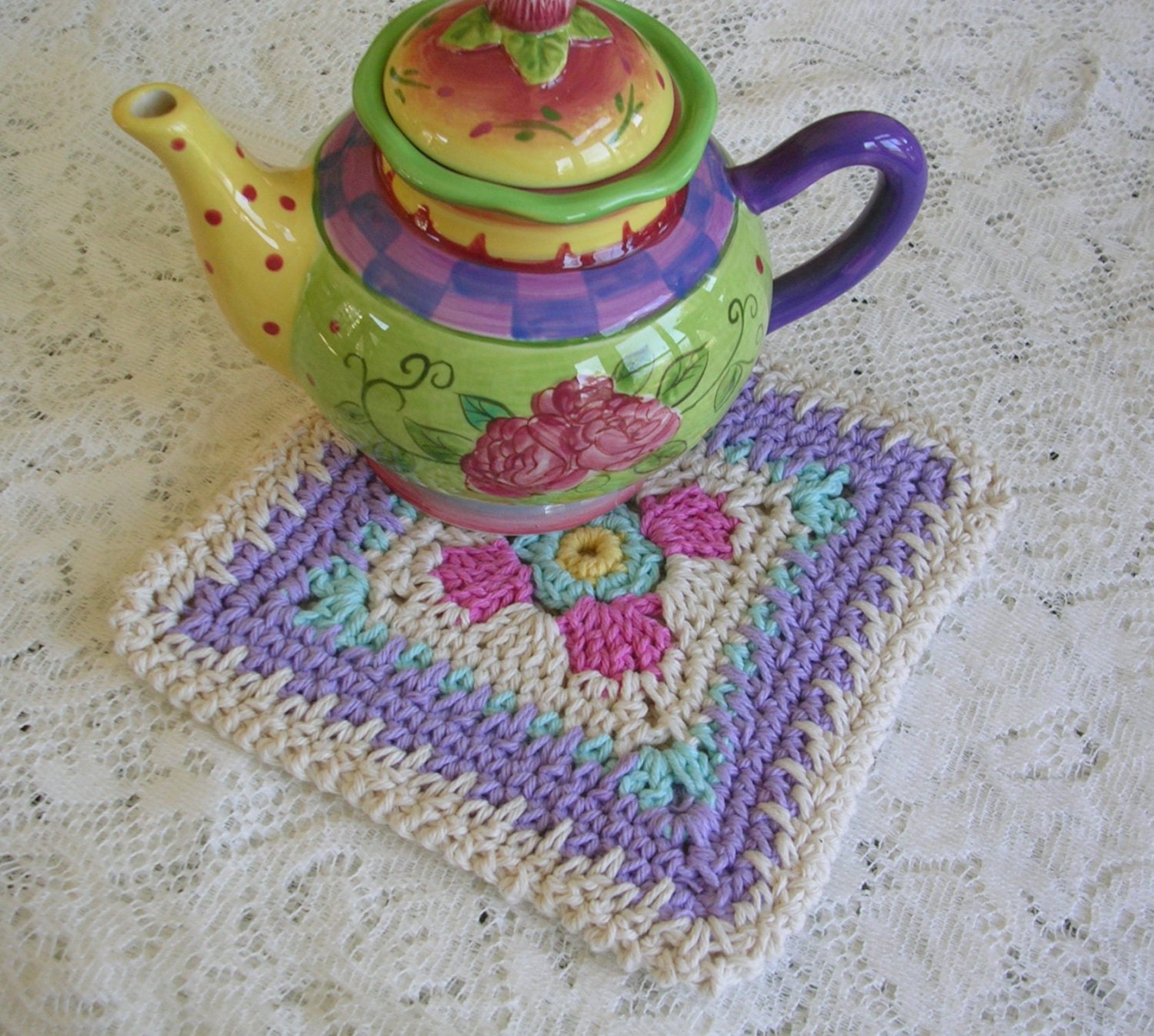 Crochet Pot Holder - Soft Spring Pastels Hot Pad or Trivet