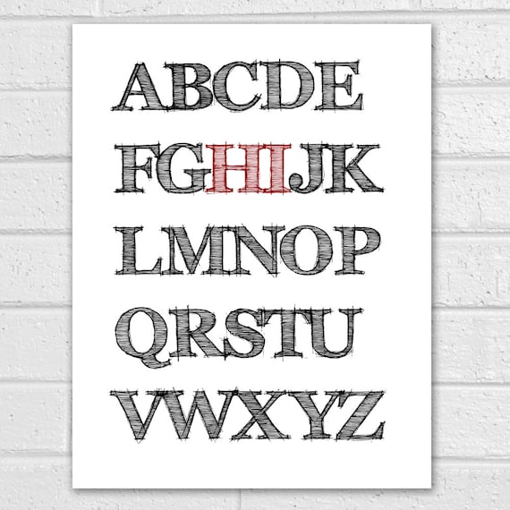 Red Black Modern Shabby Chic Home Wall Decor Paper Poster Print with ABCs Alphabet Hi for New House Gifts, Back to School, or Cute Greetings