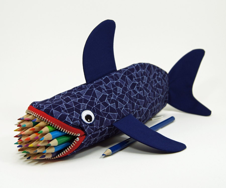 Geometric Shark by MinneBites / Shark Pencil Case - Handmade Mens Bag - Geeky Gift for Guys - Office Supplies - Desk Accessory