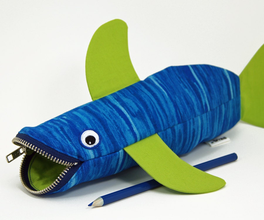Tiger Shark Bag by MinneBites / Handmade Shark Pencil Case - Boys Toy Bag - Blue Green Animal Bag - Boys Pencil Pouch