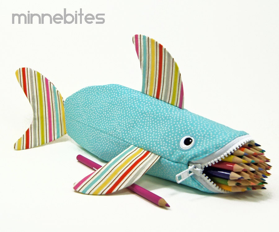 Shark Pencil Case by MinneBites / Handmade Zipper Pouch - Purse for Girls - Girls Pencil Bag - Pastel Blue School Bag, ready to ship