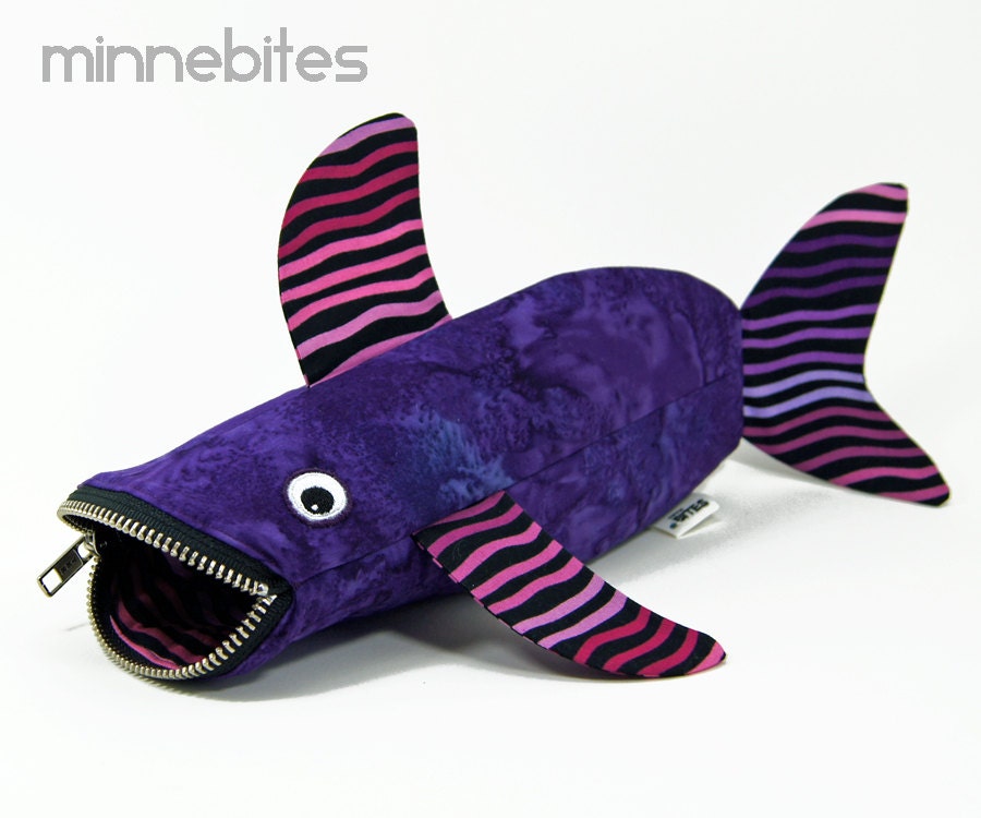 Shark Bag by MinneBites / Handmade Fish Pencil Case - Purple Bag - Desk Organizer - Desk Accessory - Purple Purse Organizer, ready to ship