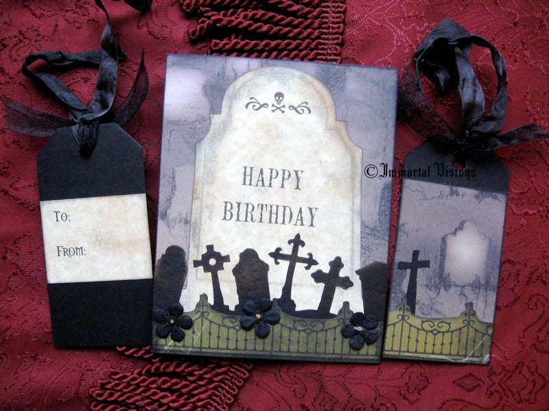 Gothic Happy Birthday Greeting Card and Matching Gift Tag - Greetings from the Gravestone