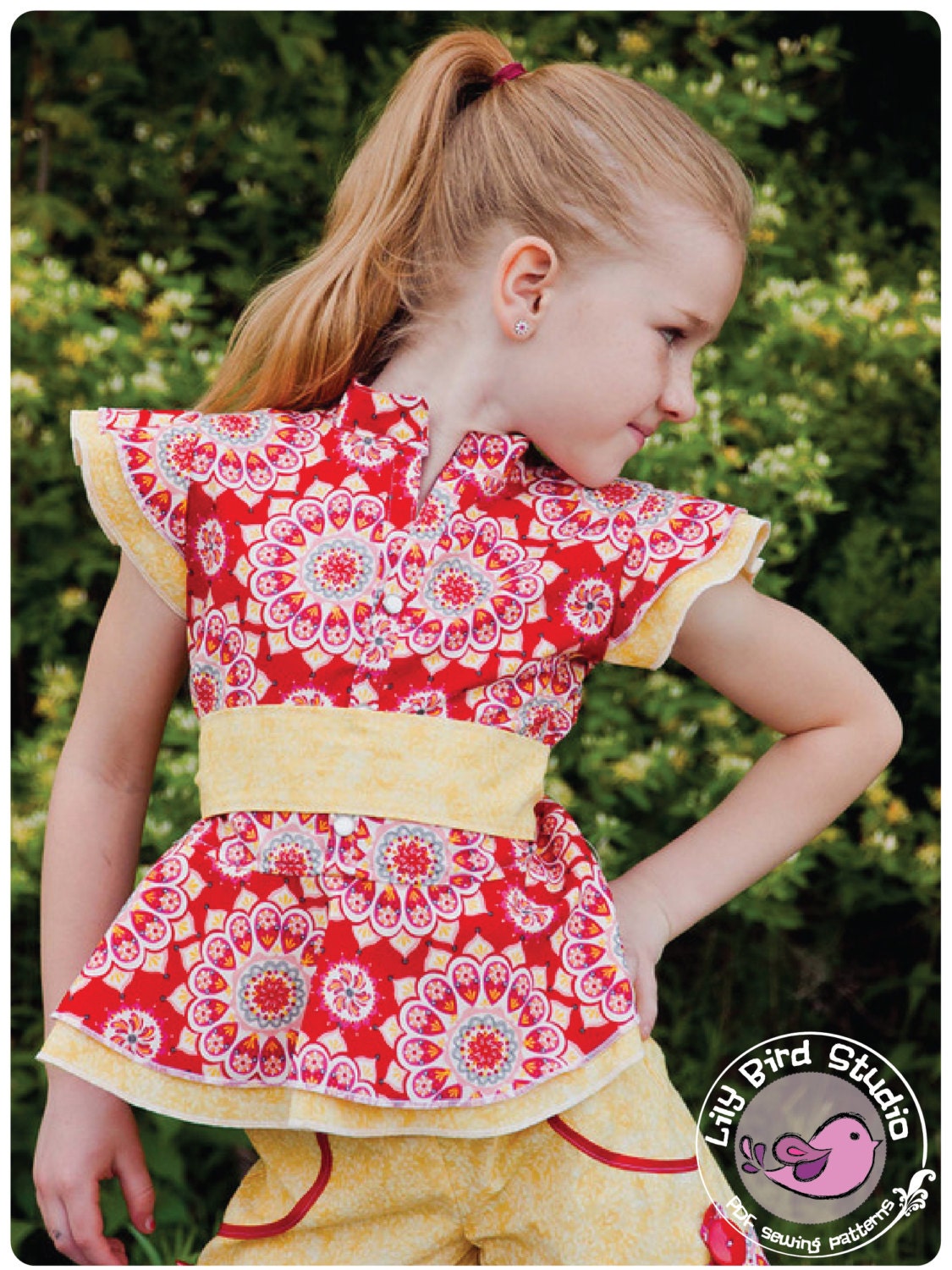 Lily Bird Studio PDF sewing pattern Amy's peplum top / blouse -  12 mths to 10 yrs - overskirt, mandarin style collar, ruffle sleeves