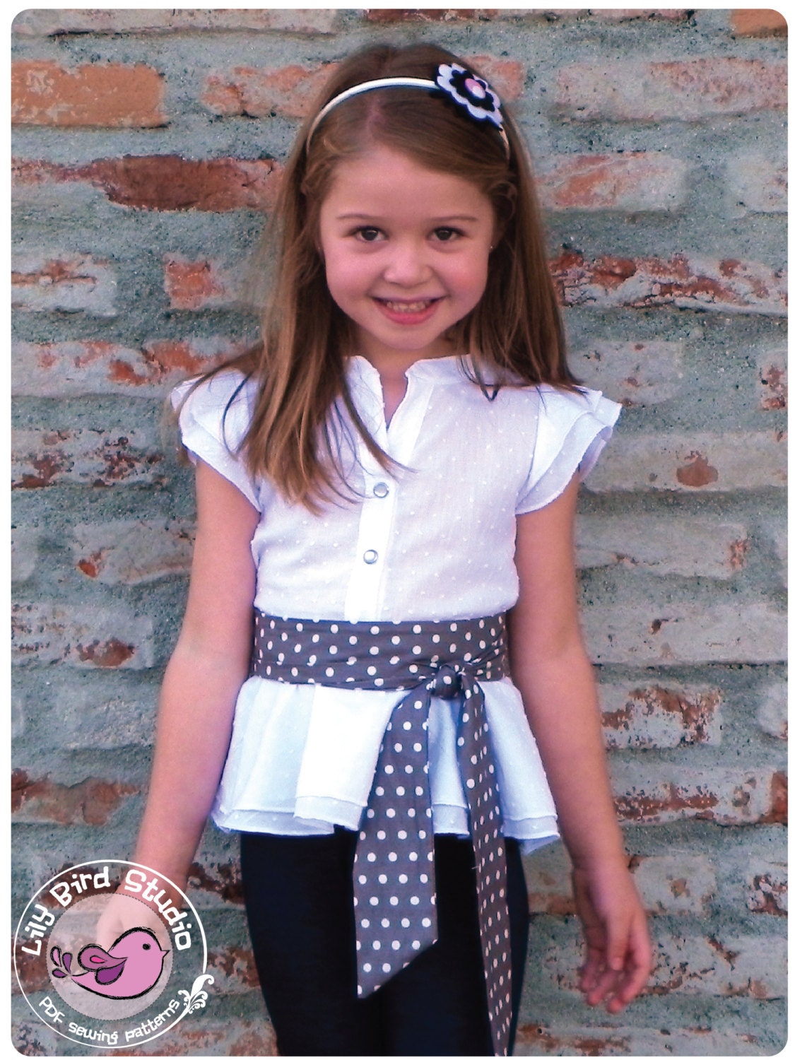 Lily Bird Studio PDF sewing pattern Amy's peplum top / blouse -  12 mths to 10 yrs - overskirt, mandarin style collar, ruffle sleeves