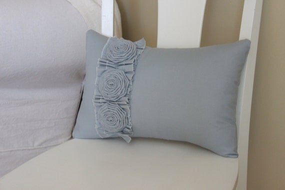Light Gray Shabby Chic pillow with Ruffle and Roses