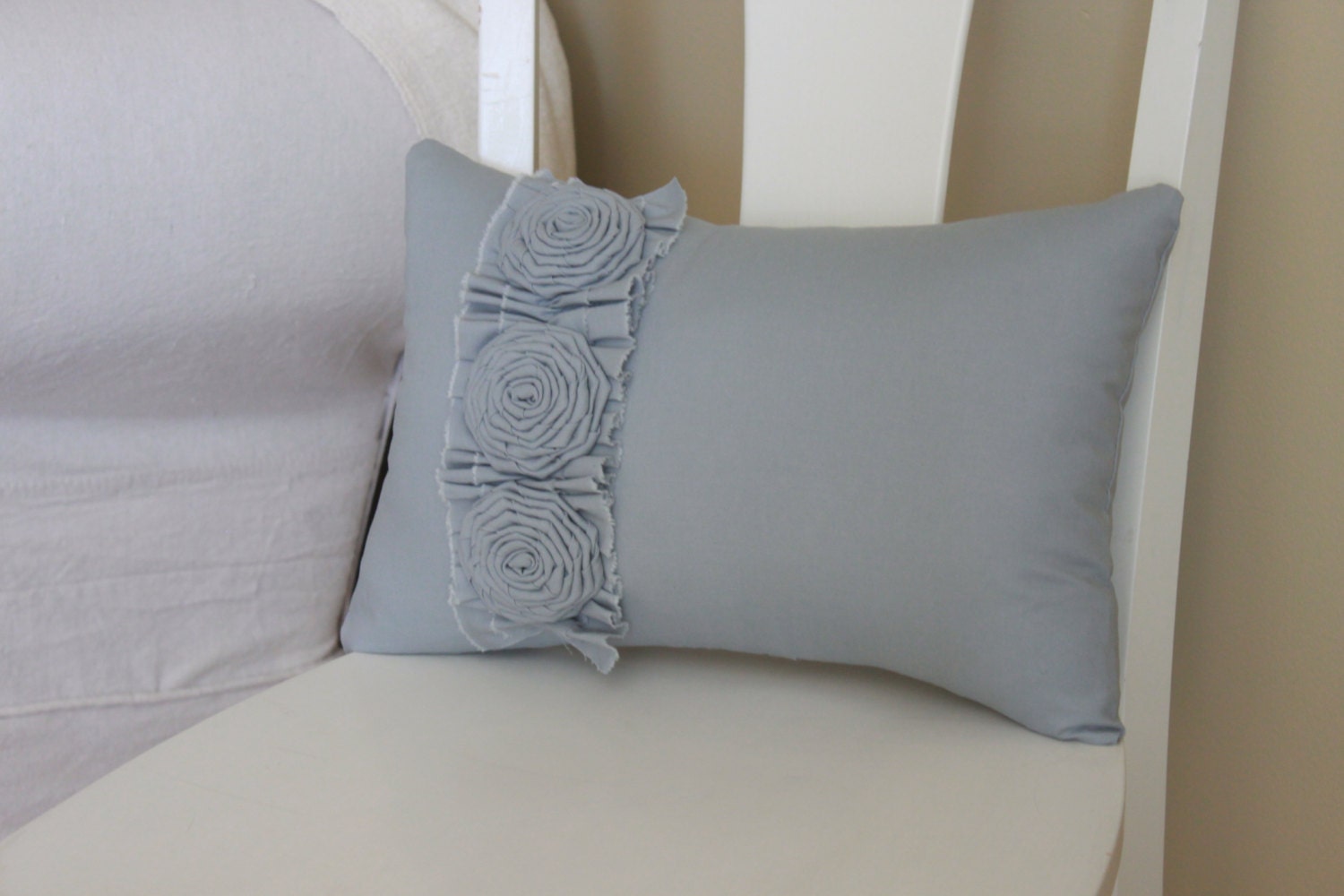 Light Gray Shabby Chic pillow with Ruffle and Roses