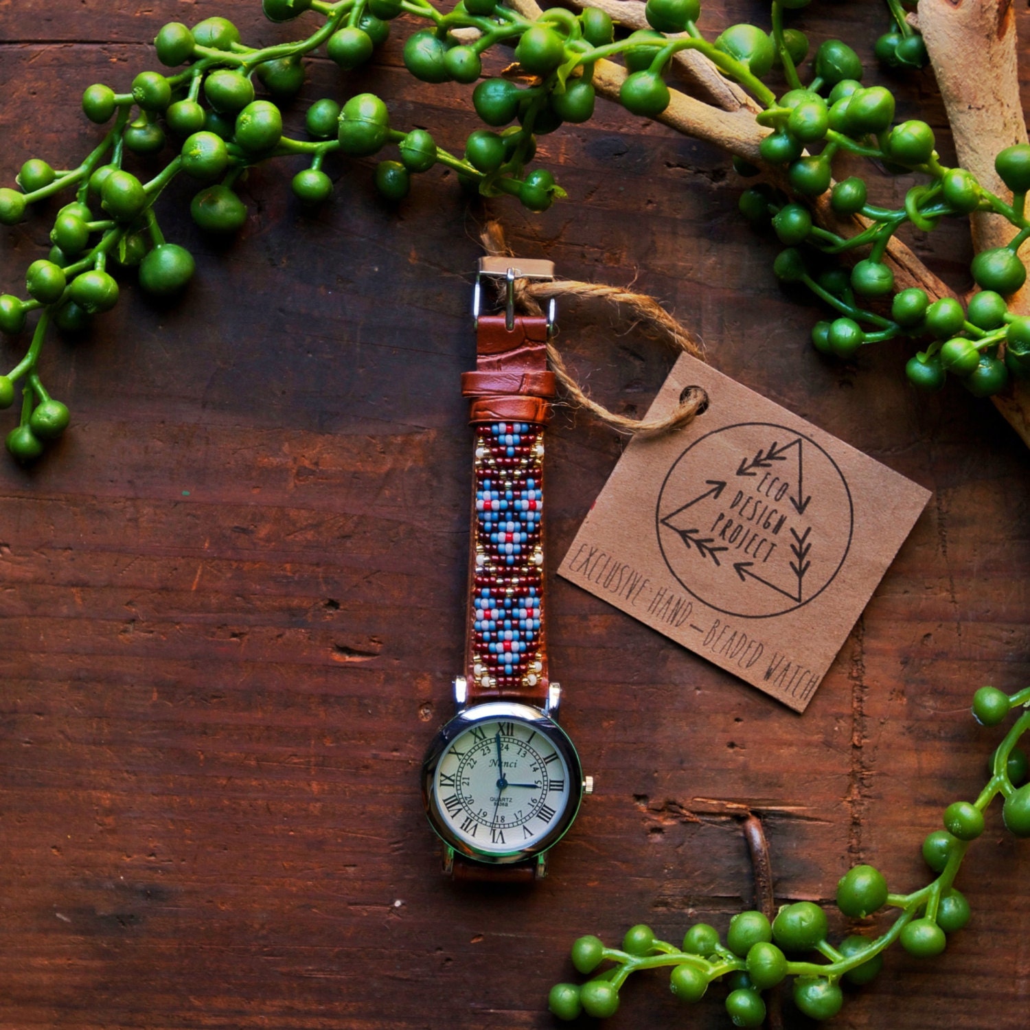 Free shipping US,Native American inspired hand-beaded watch.brown,leather,handmade,hippie,boho,hipster