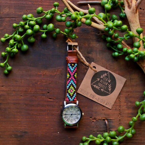 Free shipping US,Native American inspired hand-beaded watch.brown,leather,handmade,hippie,boho,hipster