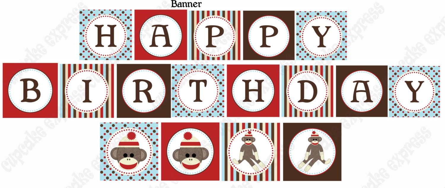INSTANT DOWNLOAD diy Sock Monkey Birthday PRINTABLE Banner Sign red brown door sign happy birthday - Cupcake Express Il_570xn