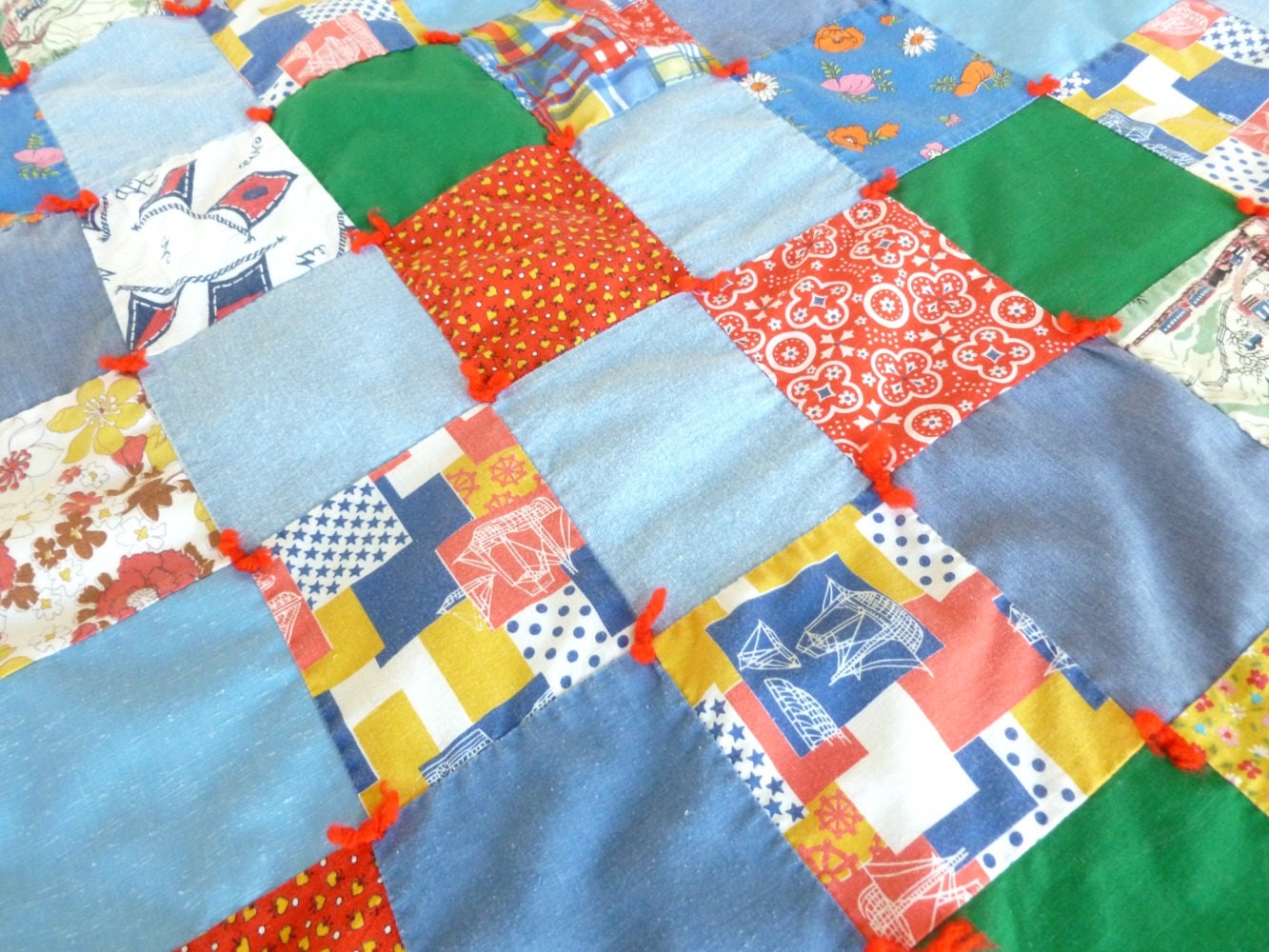 Patchwork Scrap Quilt 1970s Retro Calico, Nautical and Denim Fabrics Hand Tied Blue, Red, Green, Yellow Primary Colors Juvenile, Child, Baby