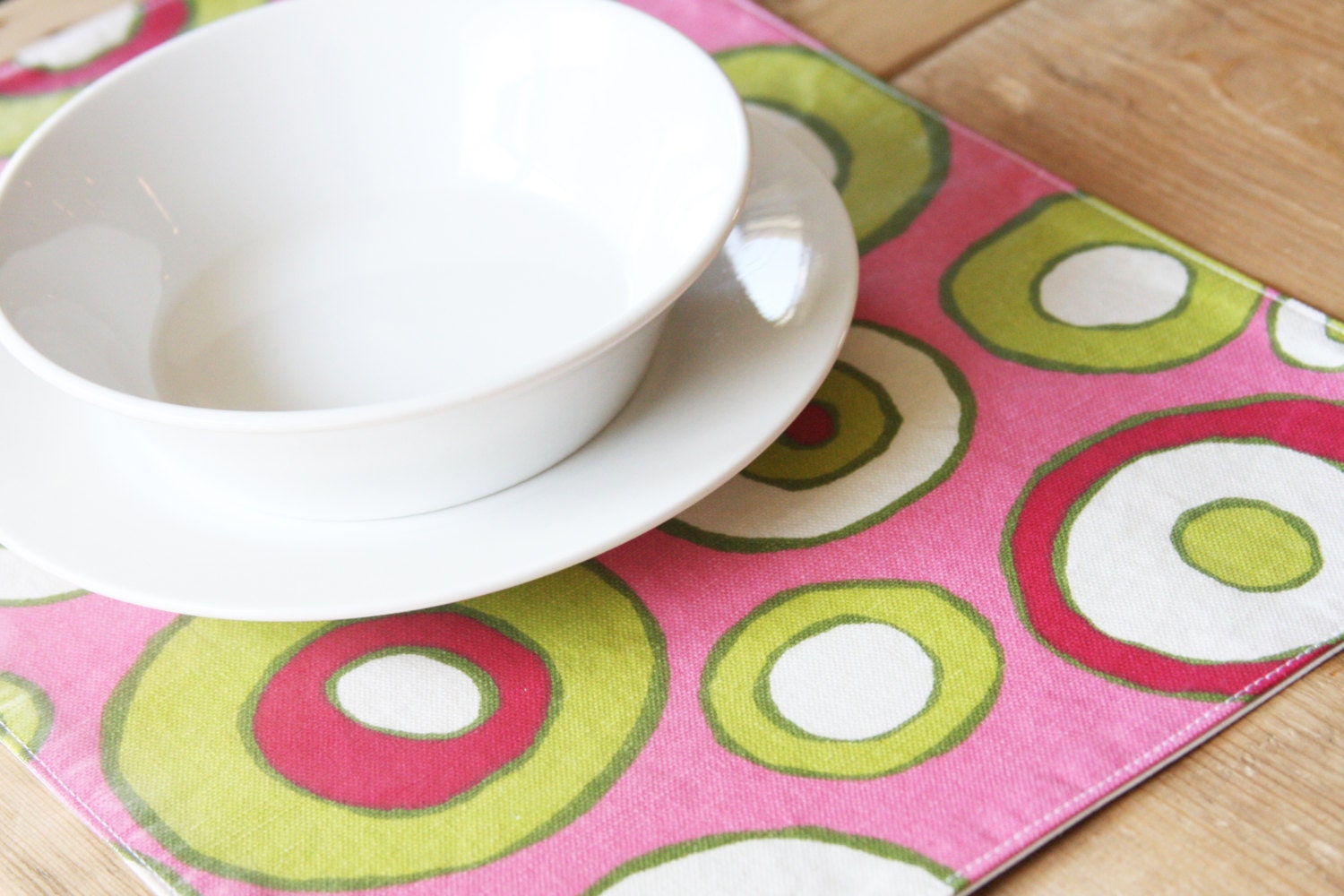 Placemat for Kids - Pink with Red Green and White circles: READY to SHIP - Free US Shipping - Last one available in this style