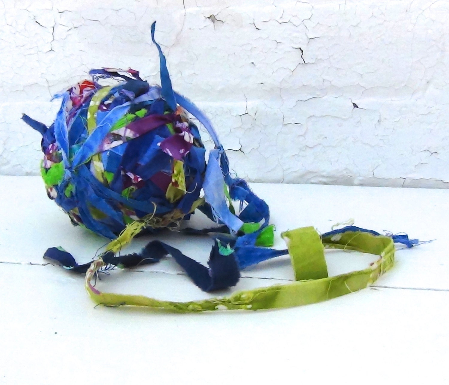 Torn Fabric Ribbon Ball Batiks Greens Blues Pinks Handmade by GoHeyJudy