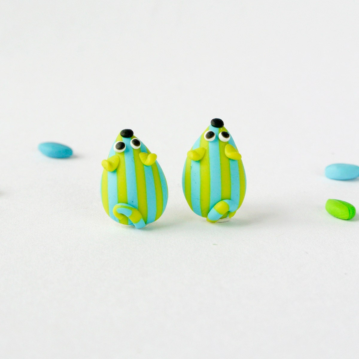 Mouse in Stripes Post Earrings - Summer Edition - Fun handmade jewelry - Aqua and lime green