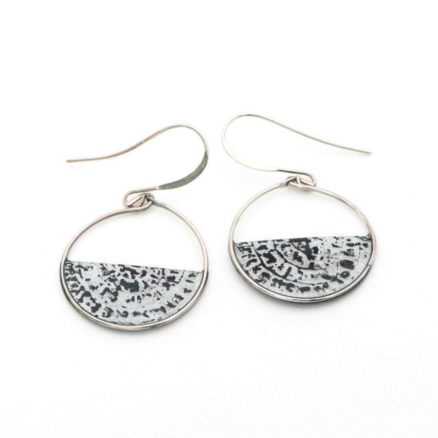 Matt Silver Dangle Earrings, Paper Hoops, Half Moon Earrings, Ancient Style Drop Earrings