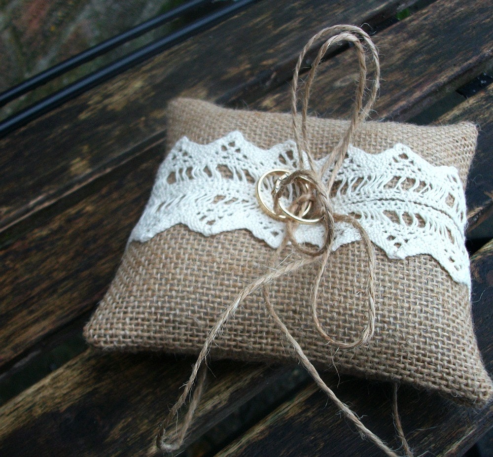 Burlap Rustic Ring Pillow with Cream Cotton Lace small